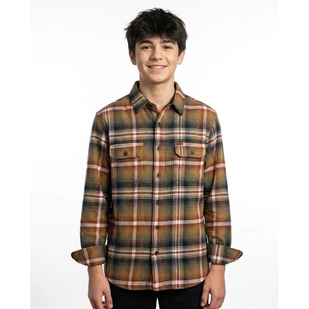Orvis Men Small Plaid Flannel Shirt Jacket Button Heavyweight Brown Olive Green